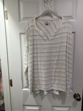 Cabi Striped V-Neck Long Sleeve Top in Off-White and Gray